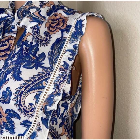 NEW TDDPSSHDP Paisley button up neck tie blouse SZ L Lightweight fabric blue - Picture 5 of 10